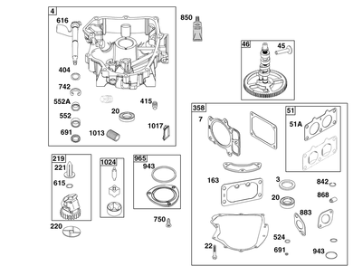 Crankcase Cover/Sump Group Diagram and Parts List for 44S977-0051-G1 400000 - 699999 Briggs and Stratton Engine